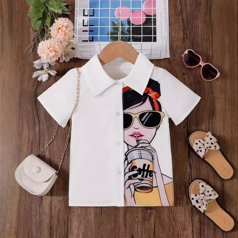 Kevad- ja sügisene naiste laste rõivad, lühikeste varrukatega beebisärk, lääne stiilis laste isiksuse trendikas Hongkongi stiilis Korea ebakorrapärane topp RG01