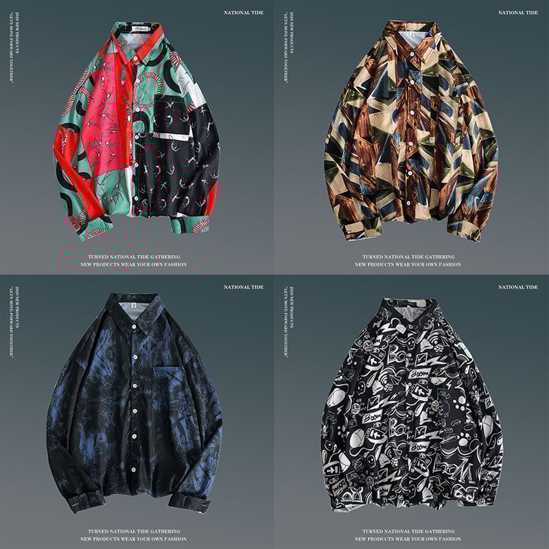 Bărbați cămașă vintage cu flori, stil coreean, la modă, cu mânecă lungă, lejeră, stil Hong Kong, jachetă de top pentru cupluri