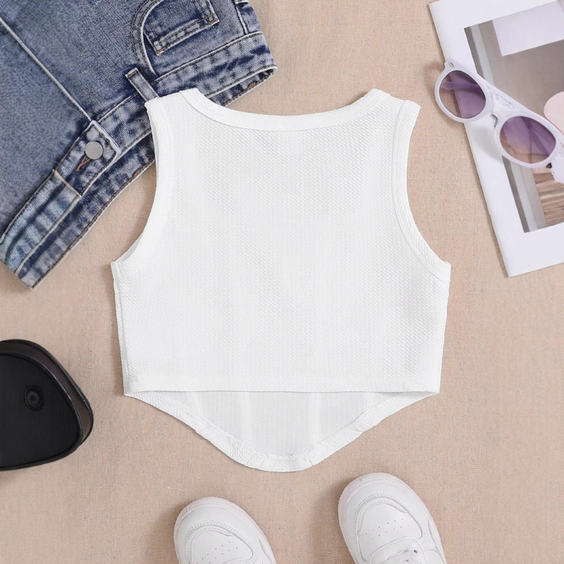 Djevojački sportski prsluk uskog kroja, za veliku djecu, jednobojan, moderan, ležeran, prozračan, udoban top