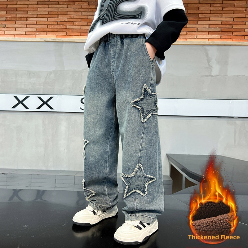 Chlapčenské rifle jeseň a zima 2024 Nové detské nohavice Chlapčenské jesenné pekné veľké deti ležérne trendy nohavice