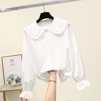 Studentiško stiliaus lėlės apykaklės palaidinė, unikalūs balti ilgomis rankovėmis marškinėliai moterims, laisvi ir universalūs rudeniui ir pavasariui, naujas madingas stilius