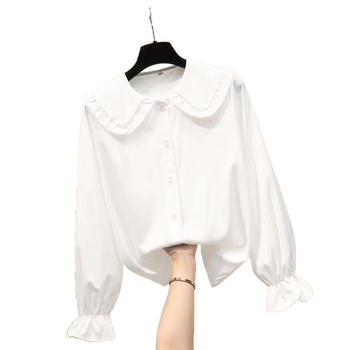 Studentiško stiliaus lėlės apykaklės palaidinė, unikalūs balti ilgomis rankovėmis marškinėliai moterims, laisvi ir universalūs rudeniui ir pavasariui, naujas madingas stilius
