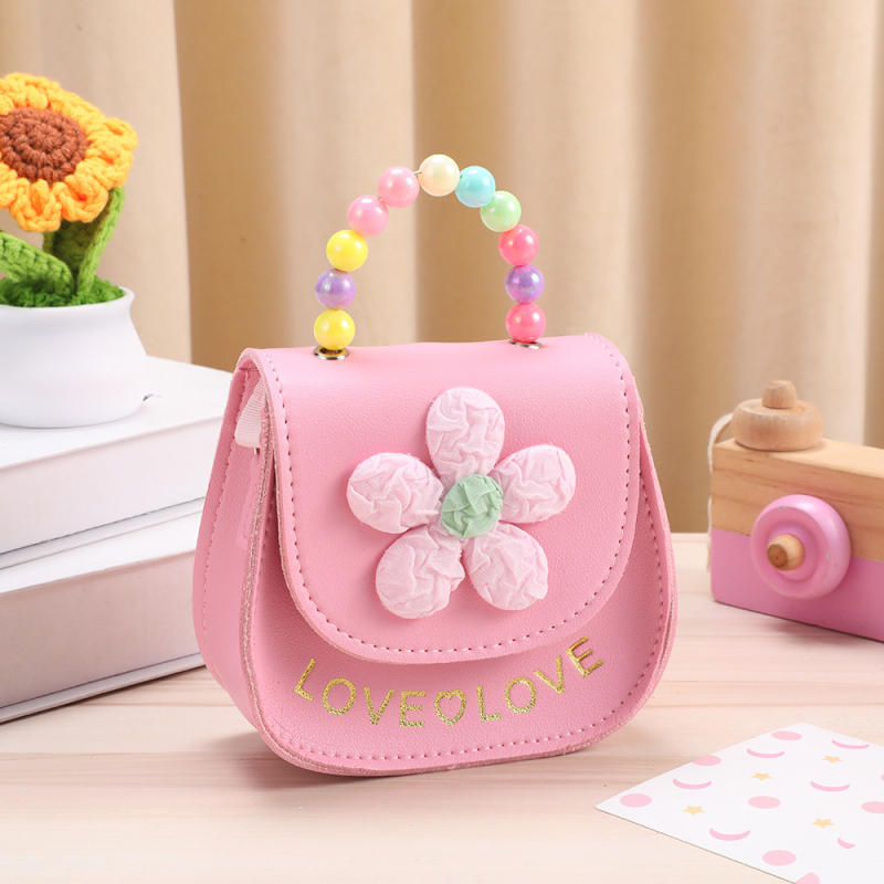 Bērnu monētu maciņš ar rozā ziedu pērļu rotājumu, meiteņu jautra mazuļa diagonālā plecu soma vairumtirdzniecības uzglabāšanai