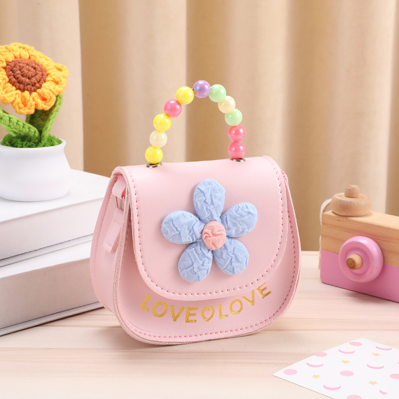 Bērnu monētu maciņš ar rozā ziedu pērļu rotājumu, meiteņu jautra mazuļa diagonālā plecu soma vairumtirdzniecības uzglabāšanai