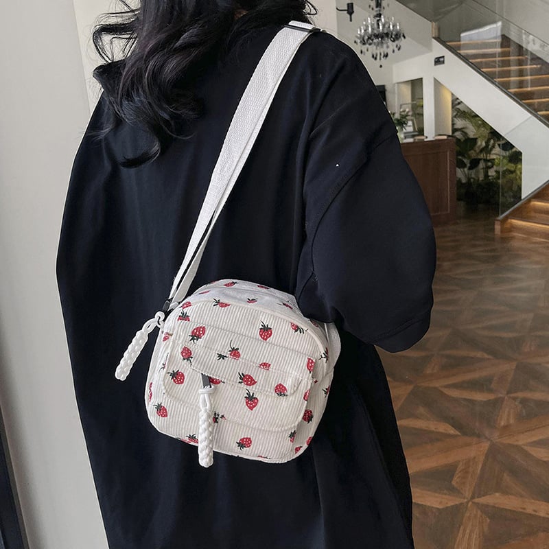 Geantă mică de damă din catifea reiată, tip crossbody, pentru femei, cu imprimeu de căpșuni, geantă de umăr din catifea reiată, ușoară, casual, pentru telefon mobil, geantă mică pătrată