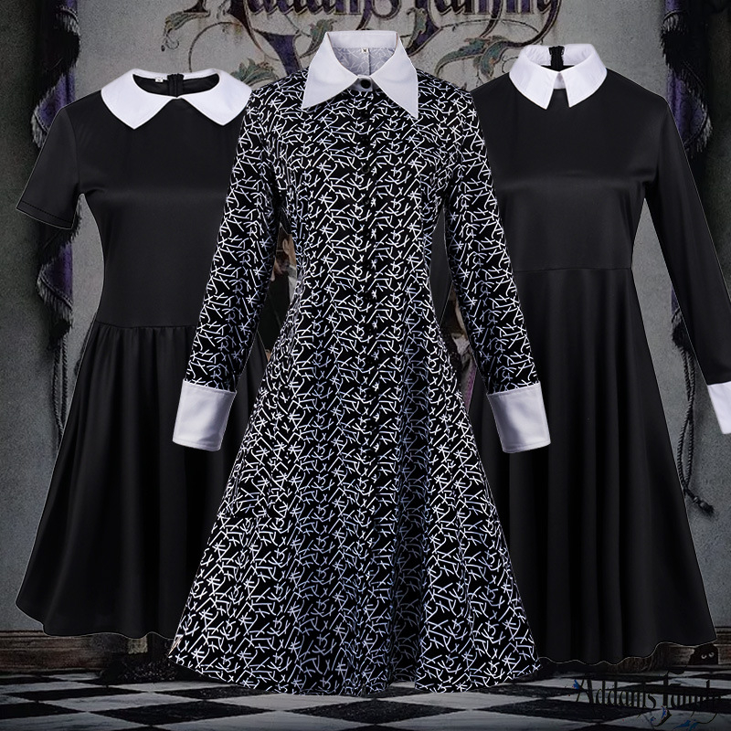 Spot Addams Family Cos rõivad kolmapäevaks must kleit Cosplay Halloweeni koolivormiriietus kostüüm