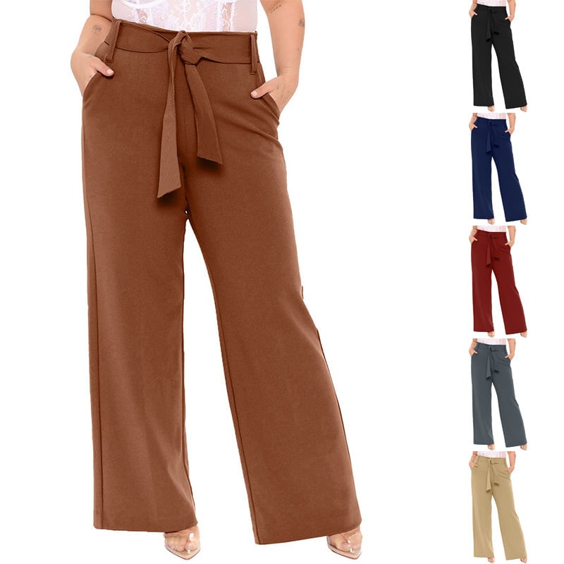 Pantaloni largi cu curea europeană și americană 2025 pentru femei Amazon primăvara și vara nouă culoare pură mărime mare pantaloni casual largi pentru femei