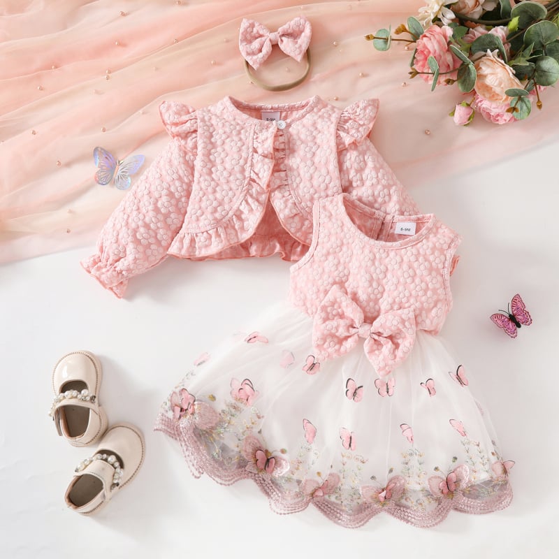 Rochie dulce din plasă pentru fetițe, toamnă și iarnă, haină cu mânecă lungă, vestă din plasă cu fluture, rochie cu bandă de păr