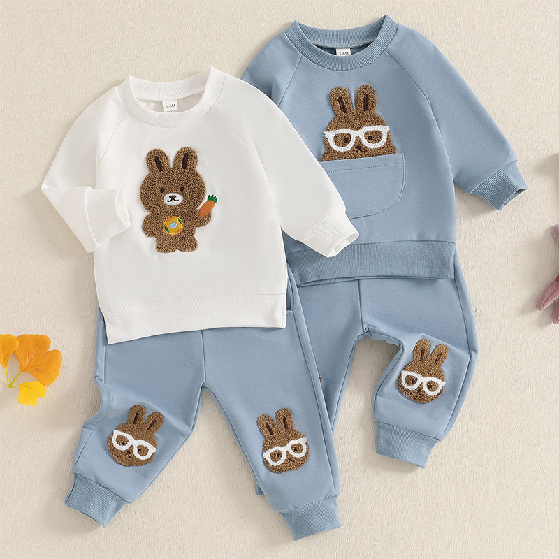 Set nou de două piese pentru copii Amazon, costum de Paște pentru bebeluși, prosop de iepure, pantaloni de trening cu mânecă lungă brodați, cu broderie