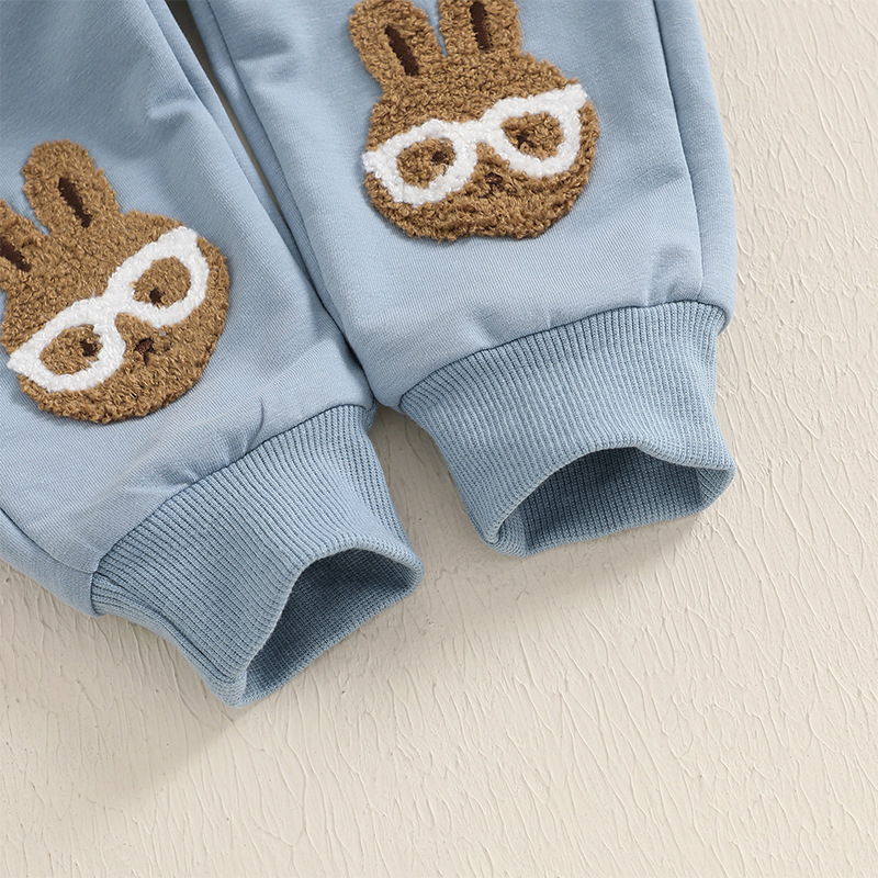 Set nou de două piese pentru copii Amazon, costum de Paște pentru bebeluși, prosop de iepure, pantaloni de trening cu mânecă lungă brodați, cu broderie