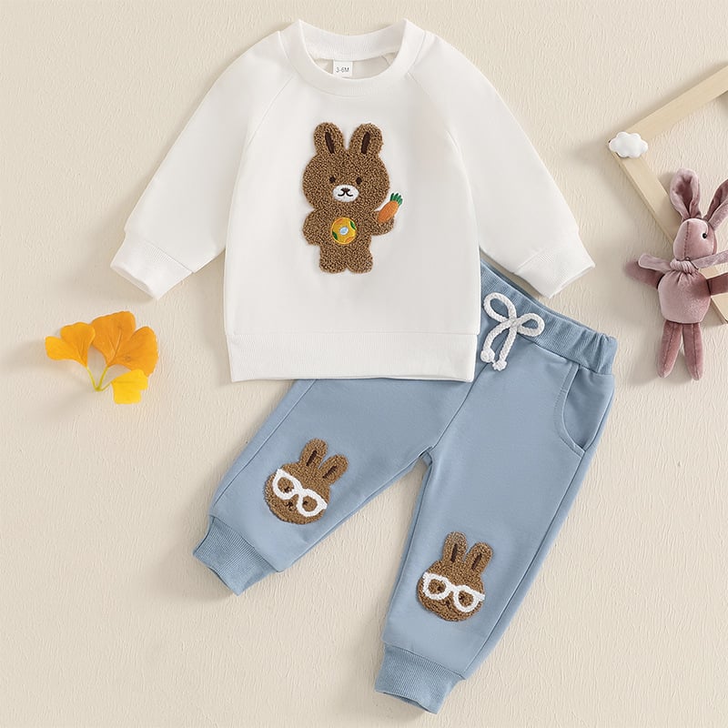 Set nou de două piese pentru copii Amazon, costum de Paște pentru bebeluși, prosop de iepure, pantaloni de trening cu mânecă lungă brodați, cu broderie