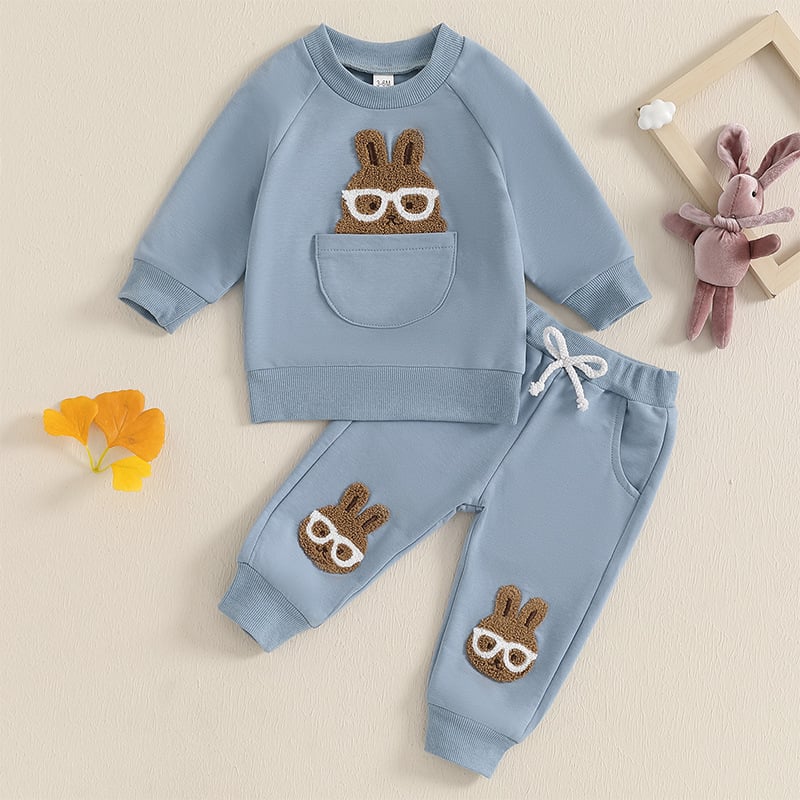 Set nou de două piese pentru copii Amazon, costum de Paște pentru bebeluși, prosop de iepure, pantaloni de trening cu mânecă lungă brodați, cu broderie