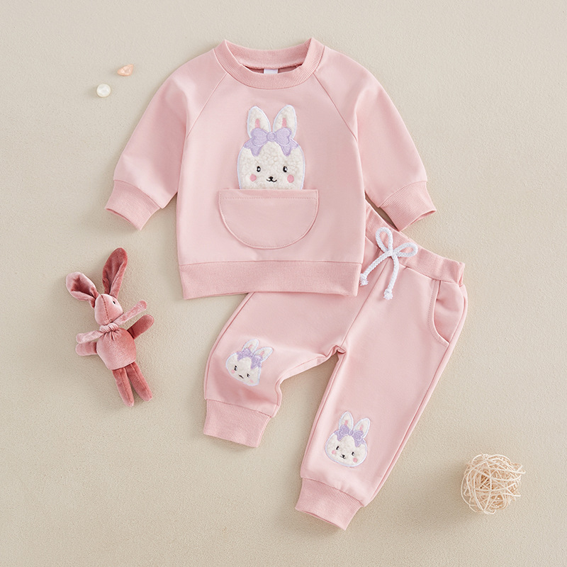 Set nou de două piese pentru copii Amazon, costum de Paște pentru bebeluși, prosop de iepure, pantaloni de trening cu mânecă lungă brodați, cu broderie