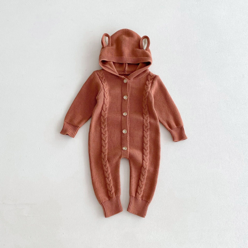 Őszi új baba pamutfonalból kötött pulóver mászóruha fiúknak és lányoknak baba stílusos aranyos kapucnis overál