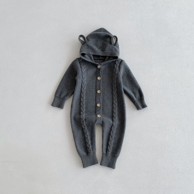 Őszi új baba pamutfonalból kötött pulóver mászóruha fiúknak és lányoknak baba stílusos aranyos kapucnis overál