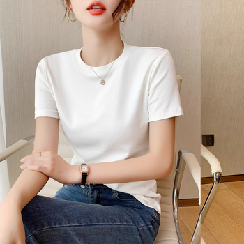 Tricou de vară pentru femei, cu mânecă scurtă, din bumbac, Slim Fit, cu mânecă scurtă, cu guler rotund, tricou de bază