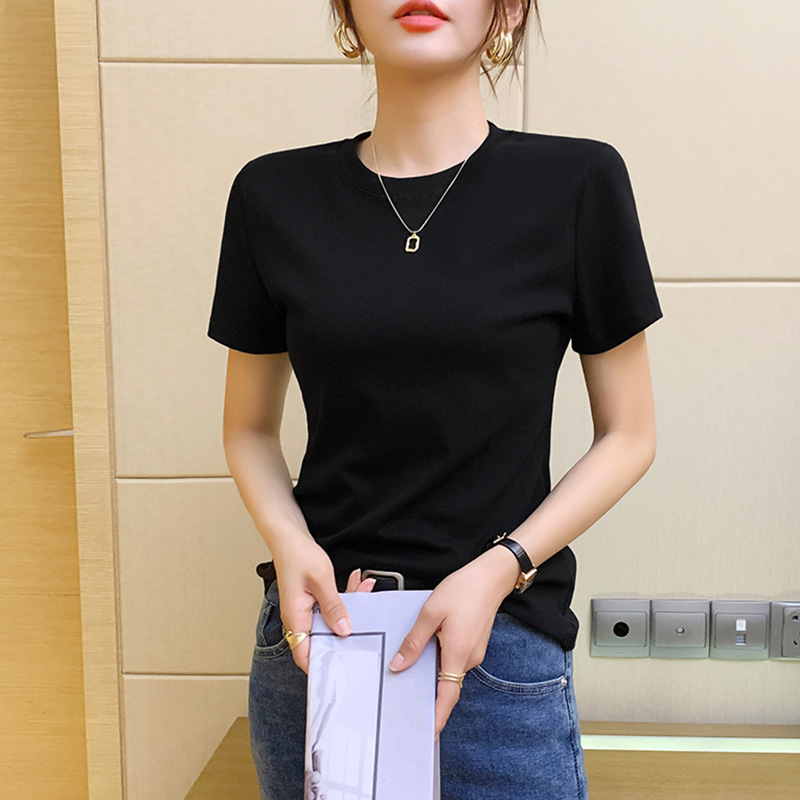 Tricou de vară pentru femei, cu mânecă scurtă, din bumbac, Slim Fit, cu mânecă scurtă, cu guler rotund, tricou de bază