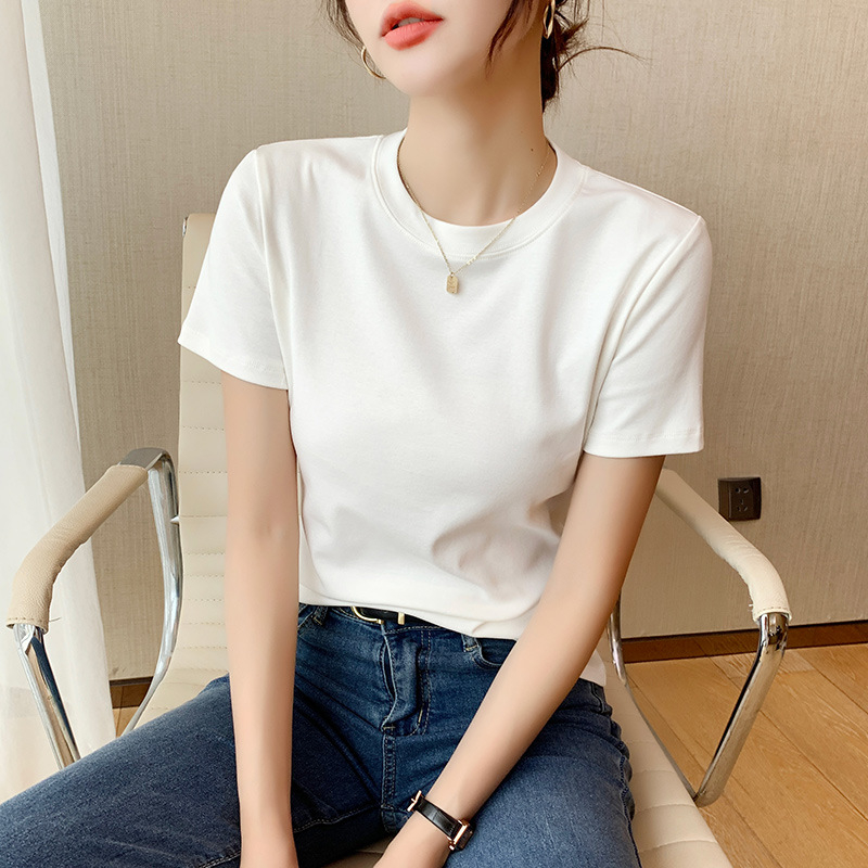 Tricou de vară pentru femei, cu mânecă scurtă, din bumbac, Slim Fit, cu mânecă scurtă, cu guler rotund, tricou de bază