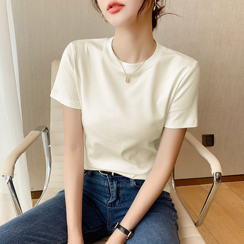 Tricou de vară pentru femei, cu mânecă scurtă, din bumbac, Slim Fit, cu mânecă scurtă, cu guler rotund, tricou de bază