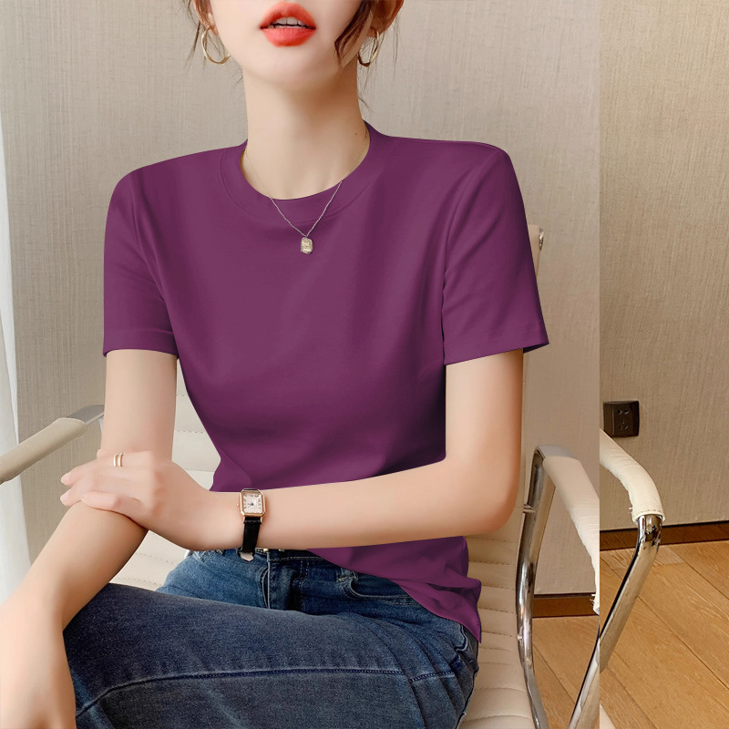 Tricou de vară pentru femei, cu mânecă scurtă, din bumbac, Slim Fit, cu mânecă scurtă, cu guler rotund, tricou de bază