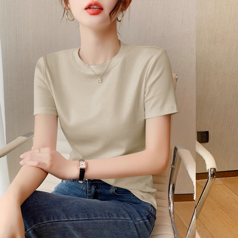 Tricou de vară pentru femei, cu mânecă scurtă, din bumbac, Slim Fit, cu mânecă scurtă, cu guler rotund, tricou de bază
