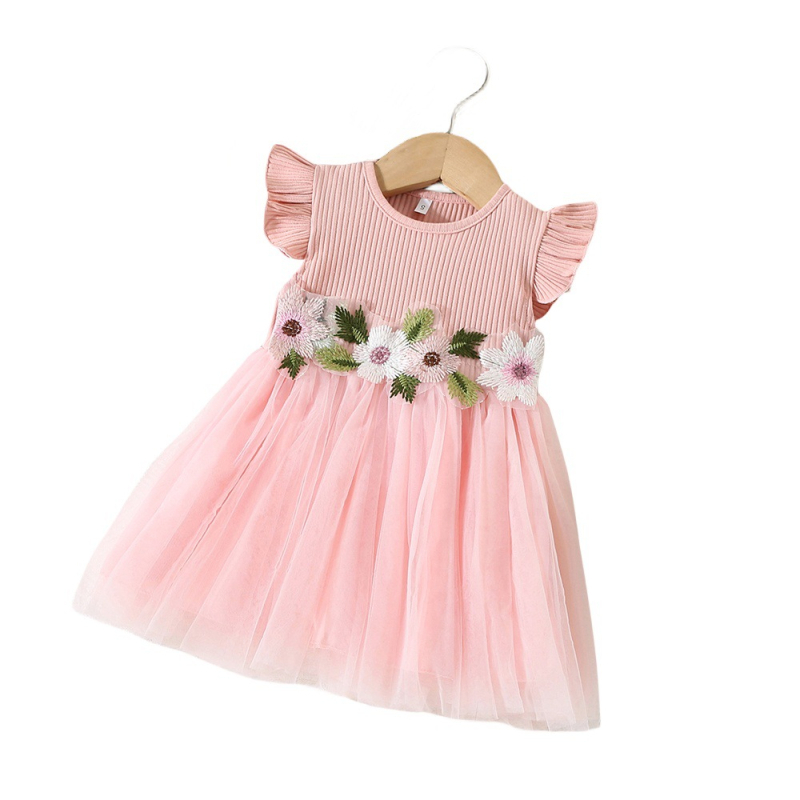 Rochie de vară coreeană nouă pentru fete, cu mâneci zburătoare, cu rând de flori din plasă, pe talie