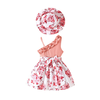 Καλοκαιρινό Σετ Φόρεμα + Ζώνη + Σκούφο με Στάμπα Λουλουδιών για Νέο Κορίτσι, Διασυνοριακό, Νέο Προϊόν, Ευέλικτο