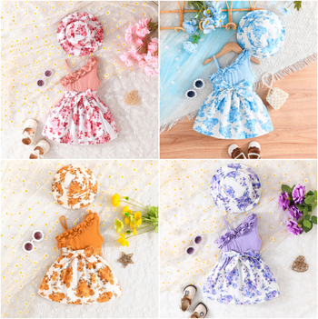 Letná súprava s ružovými kvetinovými šatami pre dievčatko s prieduškami, opaskom a čiapkou, nový všestranný produkt