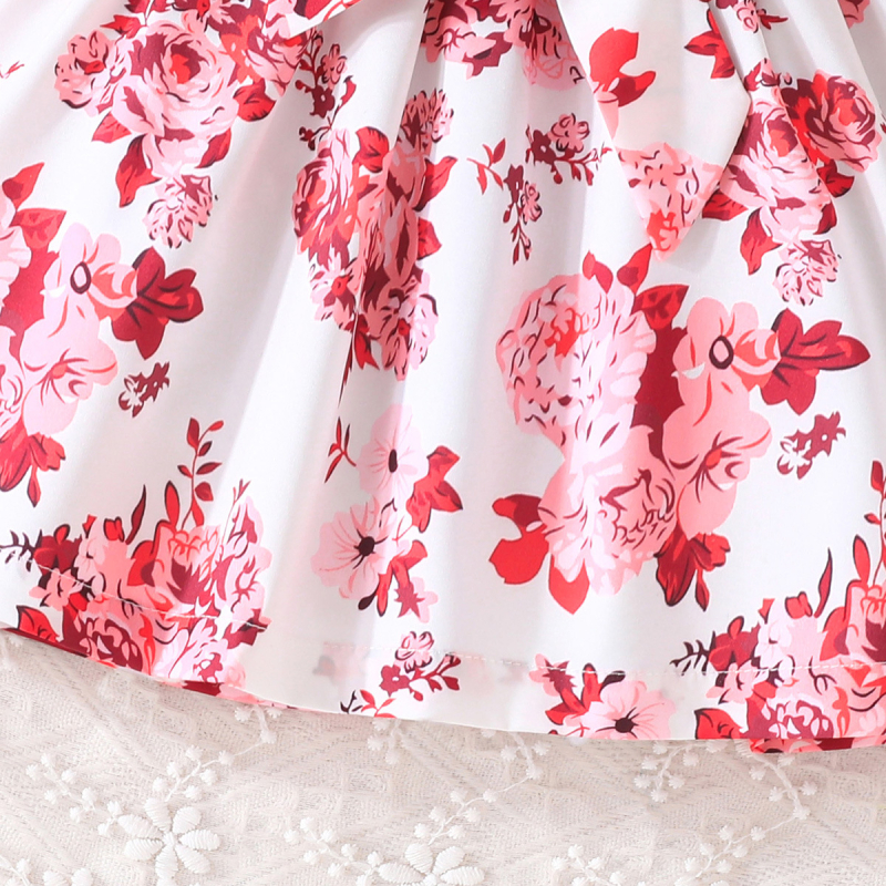 Letná súprava s ružovými kvetinovými šatami pre dievčatko s prieduškami, opaskom a čiapkou, nový všestranný produkt