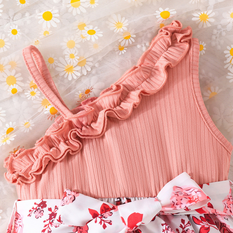 Letná súprava s ružovými kvetinovými šatami pre dievčatko s prieduškami, opaskom a čiapkou, nový všestranný produkt