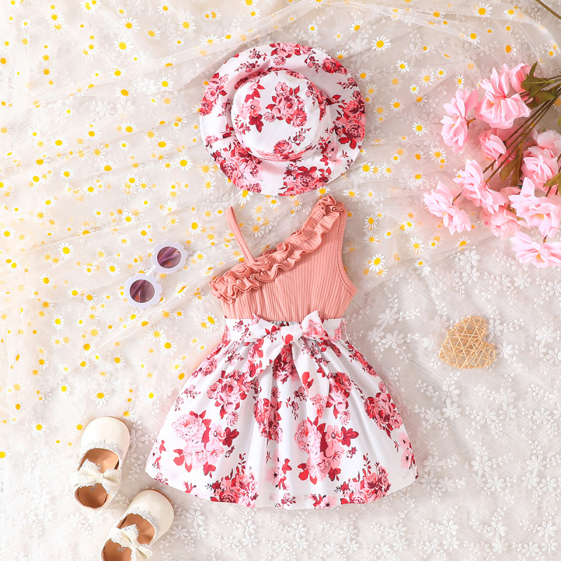 Letná súprava s ružovými kvetinovými šatami pre dievčatko s prieduškami, opaskom a čiapkou, nový všestranný produkt