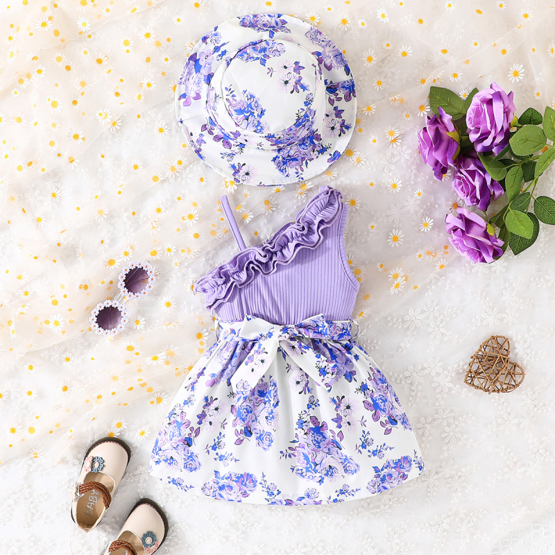 Letná súprava s ružovými kvetinovými šatami pre dievčatko s prieduškami, opaskom a čiapkou, nový všestranný produkt