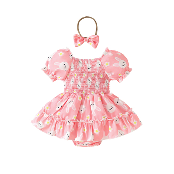 Καλοκαιρινό φόρεμα με τριγωνικό σχέδιο για μωρά κορίτσια 2025, με κοντομάνικο printed κουνέλι και τετράγωνο γιακά