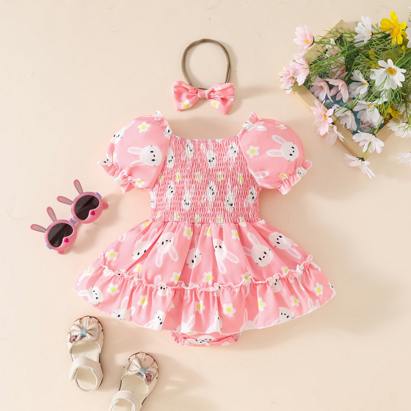 Rochie de vară pentru bebeluși fetițe, cu mânecă scurtă, cu imprimeu de iepure și guler pătrat, 2025