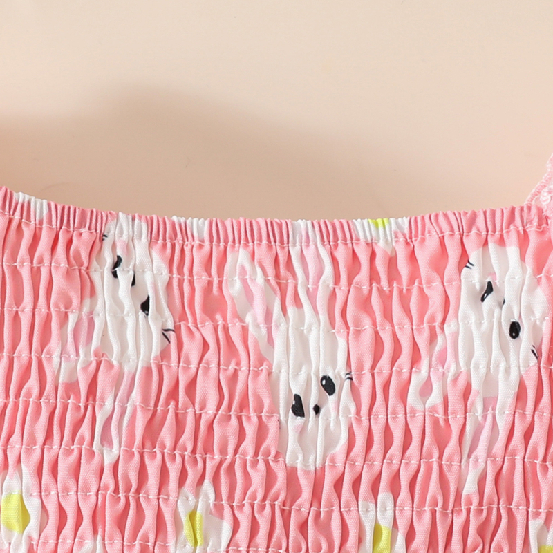 Rochie de vară pentru bebeluși fetițe, cu mânecă scurtă, cu imprimeu de iepure și guler pătrat, 2025