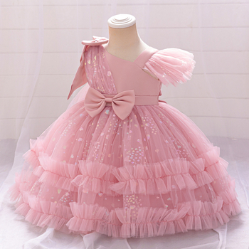 Νέο Βρεφικό Φόρεμα για Κορίτσια σε Ευρώπη και Ηνωμένες Πολιτείες, Φόρεμα για Μωρό με Χάντρες, Φιόγκο και Πλέγμα, Φούσκωμα για Μωρό ενός Έτους