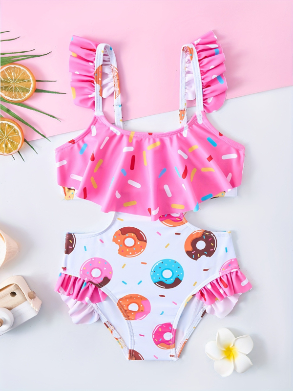 Dievčenské plavky s volánikovými okrajmi a kresleným vzorom rybích šupin, detské športové plavky s ochranou pred slnkom pre malú princeznú