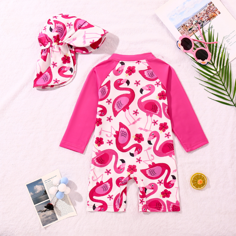 Europietiškas ir amerikietiškas vaikiškas maudymosi kostiumėlis mergaitėms, perskeltas ilgomis rankovėmis, animacinių filmukų atspaudas, vaikiškas karštųjų versmių maudymosi kostiumėlis su apsauga nuo saulės, plaukimo kepuraitė