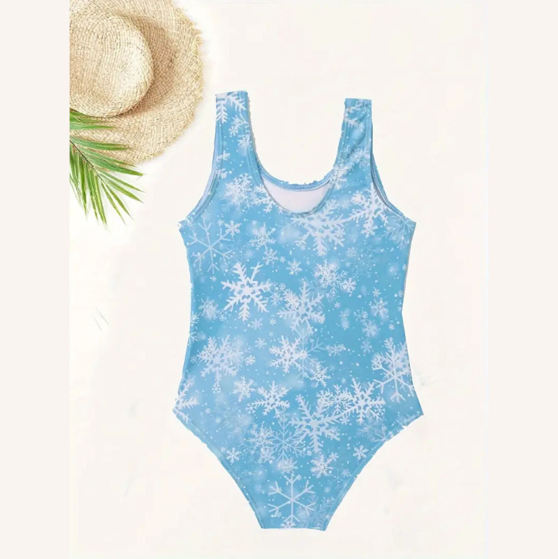 Väliskaubanduse armas moodne koomiksiprintsess-tüdruk trükitud ühes tükis ujumistrikoo lumehelveste trükitud laste basseinipeo ujumistrikoo