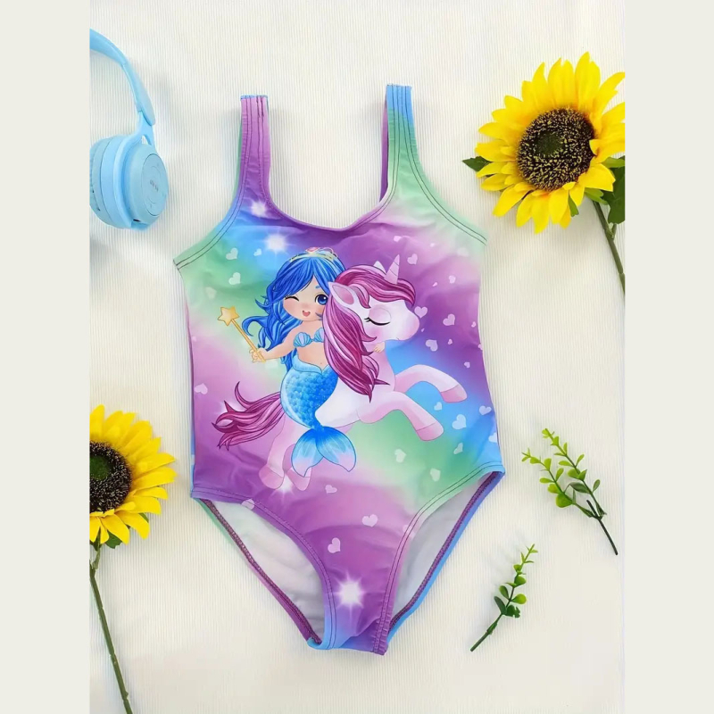 Väliskaubanduse armas moodne koomiksiprintsess-tüdruk trükitud ühes tükis ujumistrikoo lumehelveste trükitud laste basseinipeo ujumistrikoo