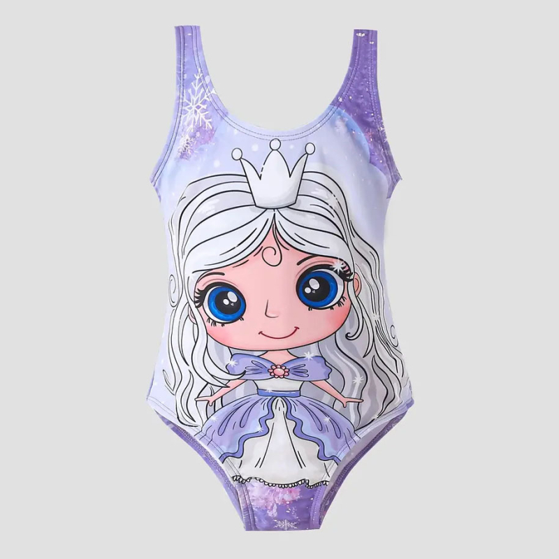 Väliskaubanduse armas moodne koomiksiprintsess-tüdruk trükitud ühes tükis ujumistrikoo lumehelveste trükitud laste basseinipeo ujumistrikoo