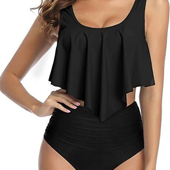 Naiste kaheosaline bikiiniujumistrikoo, kõrge vöökohaga ja volditud ülaosaga