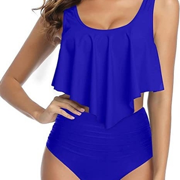 Naiste kaheosaline bikiiniujumistrikoo, kõrge vöökohaga ja volditud ülaosaga