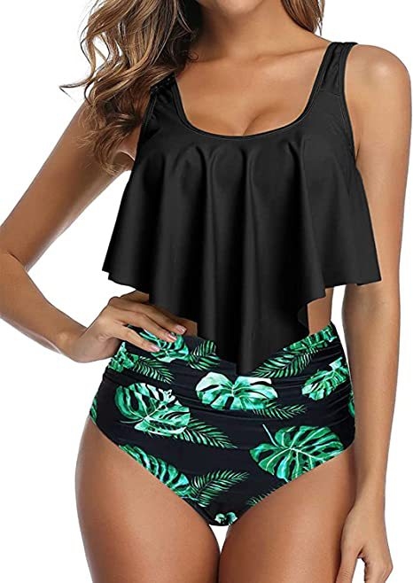 Naiste kaheosaline bikiiniujumistrikoo, kõrge vöökohaga ja volditud ülaosaga