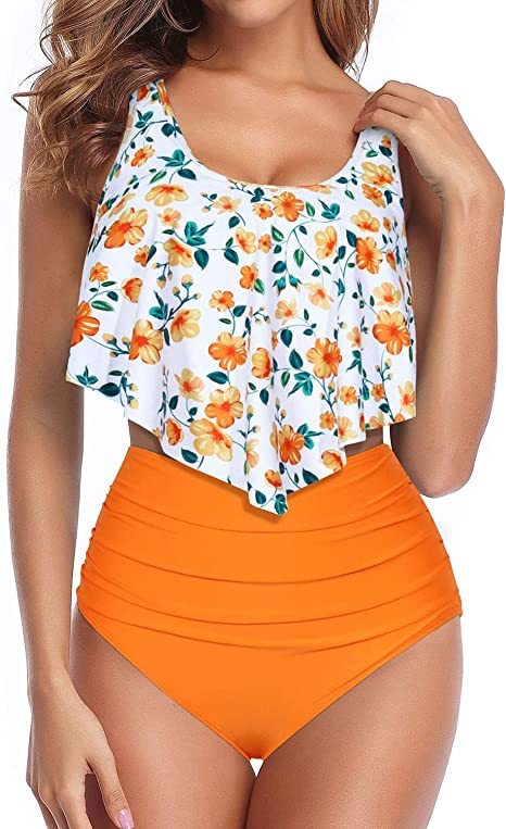 Naiste kaheosaline bikiiniujumistrikoo, kõrge vöökohaga ja volditud ülaosaga