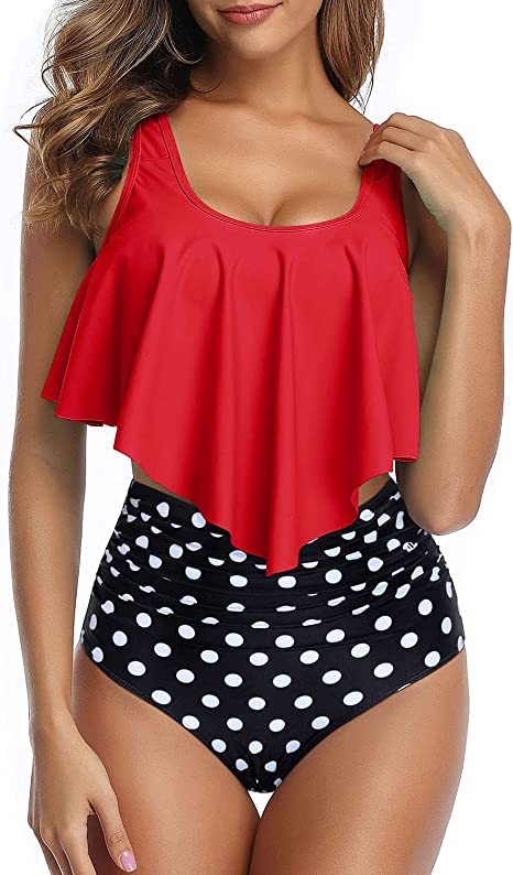 Naiste kaheosaline bikiiniujumistrikoo, kõrge vöökohaga ja volditud ülaosaga