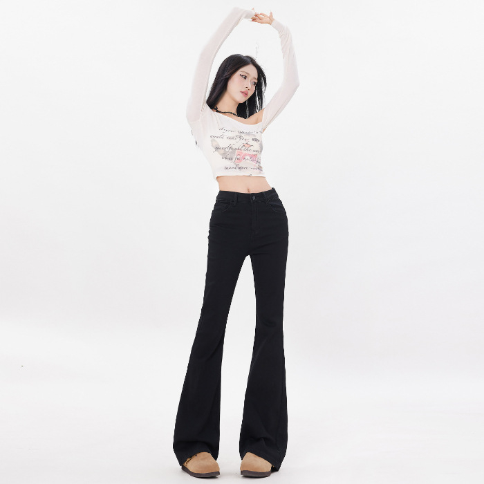 Americký štýl s vysokým pásom, jar a jeseň 2025, úzky strih, elastické rozšírené nohavice pre ženy, všestranné džínsy s bootcut strihom na dochádzanie