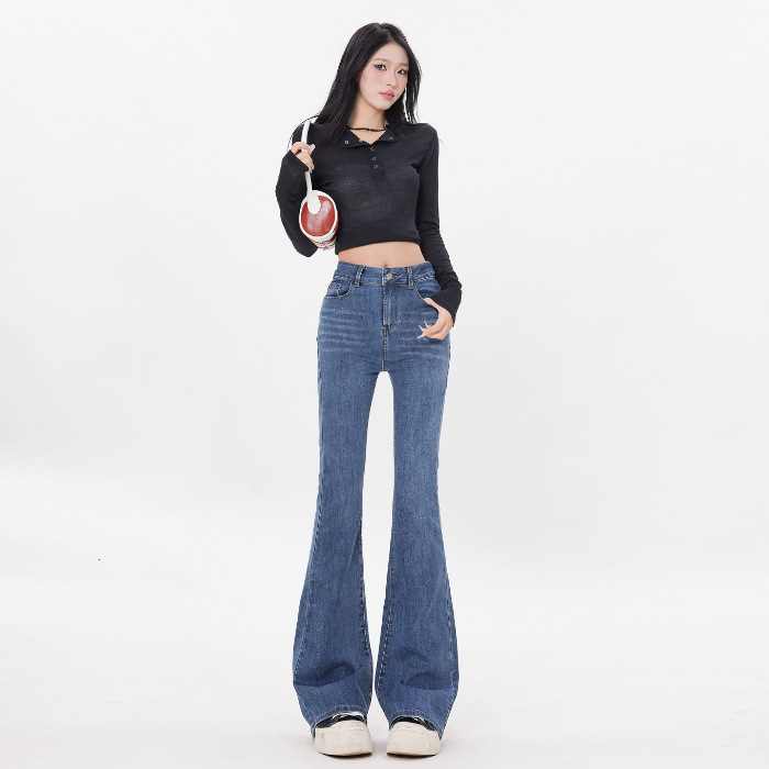 Americký štýl s vysokým pásom, jar a jeseň 2025, úzky strih, elastické rozšírené nohavice pre ženy, všestranné džínsy s bootcut strihom na dochádzanie