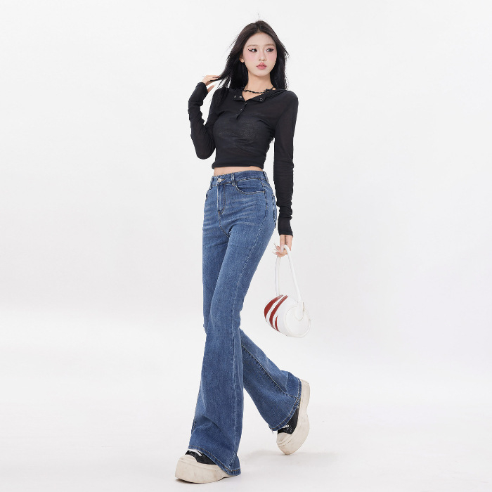 Americký štýl s vysokým pásom, jar a jeseň 2025, úzky strih, elastické rozšírené nohavice pre ženy, všestranné džínsy s bootcut strihom na dochádzanie