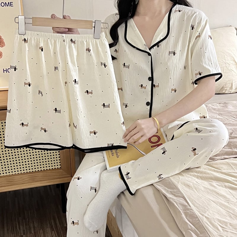 Pijamale transfrontaliere noi de primăvară și toamnă pentru femei, pantaloni cu mânecă scurtă, trei piese, drăguț cardigan cu desene animate, plus mărime, costum de casă, haine